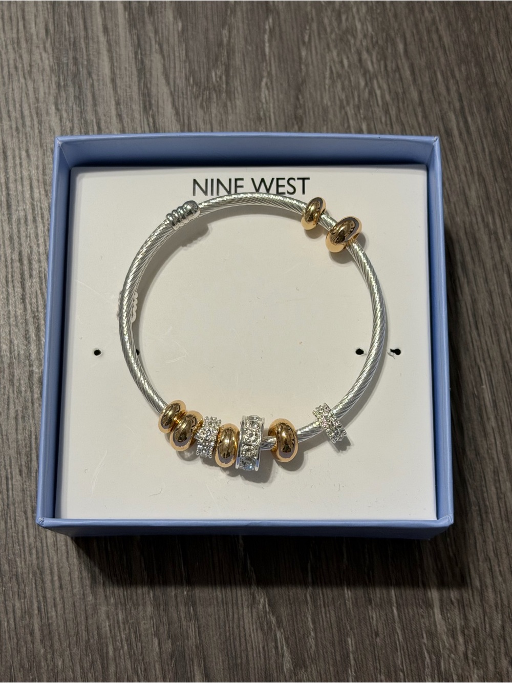 Nine West Two-Tone Silver Cable Bracelet with Gold Accents and Crystal Spacers